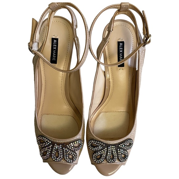 Alex Marie "Marla" Leather Ankle Strap Open Toe Heels Ceylon Beige Rhinestones - Picture 5 of 11